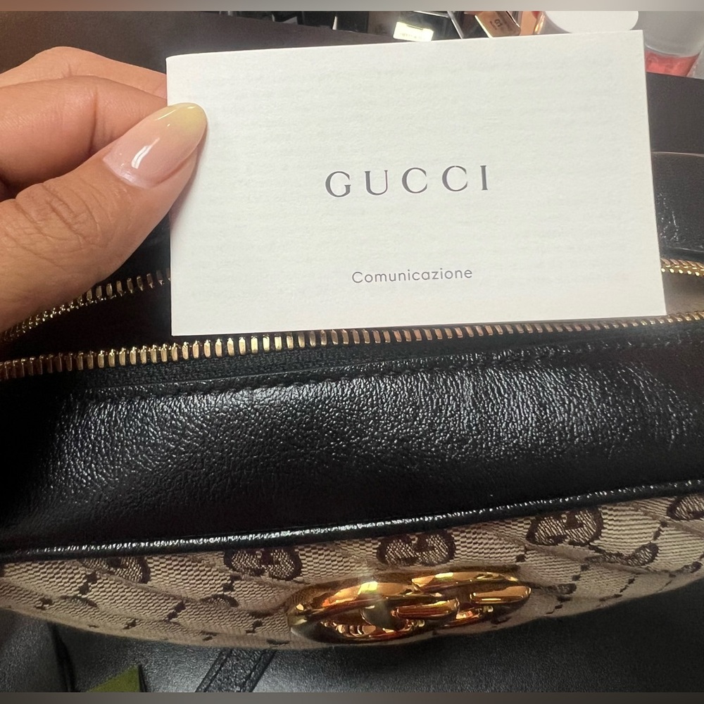 Gucci GG Monogram Canvas Marmont Chain Crossbody Bag Beige Black - Picture 12 of 15